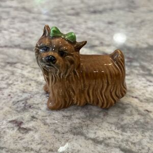Goebel Terrier Dog Porcelain Figurine Green Bow Brown Fur Germany 2.25"